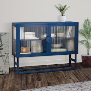 47.24 in. W x 13.58 in. D x 35.43 in. H Blue Linen Cabinet Glass Cabinet Credenza 2-Fluted Glass Doors Adjustable Shelf
