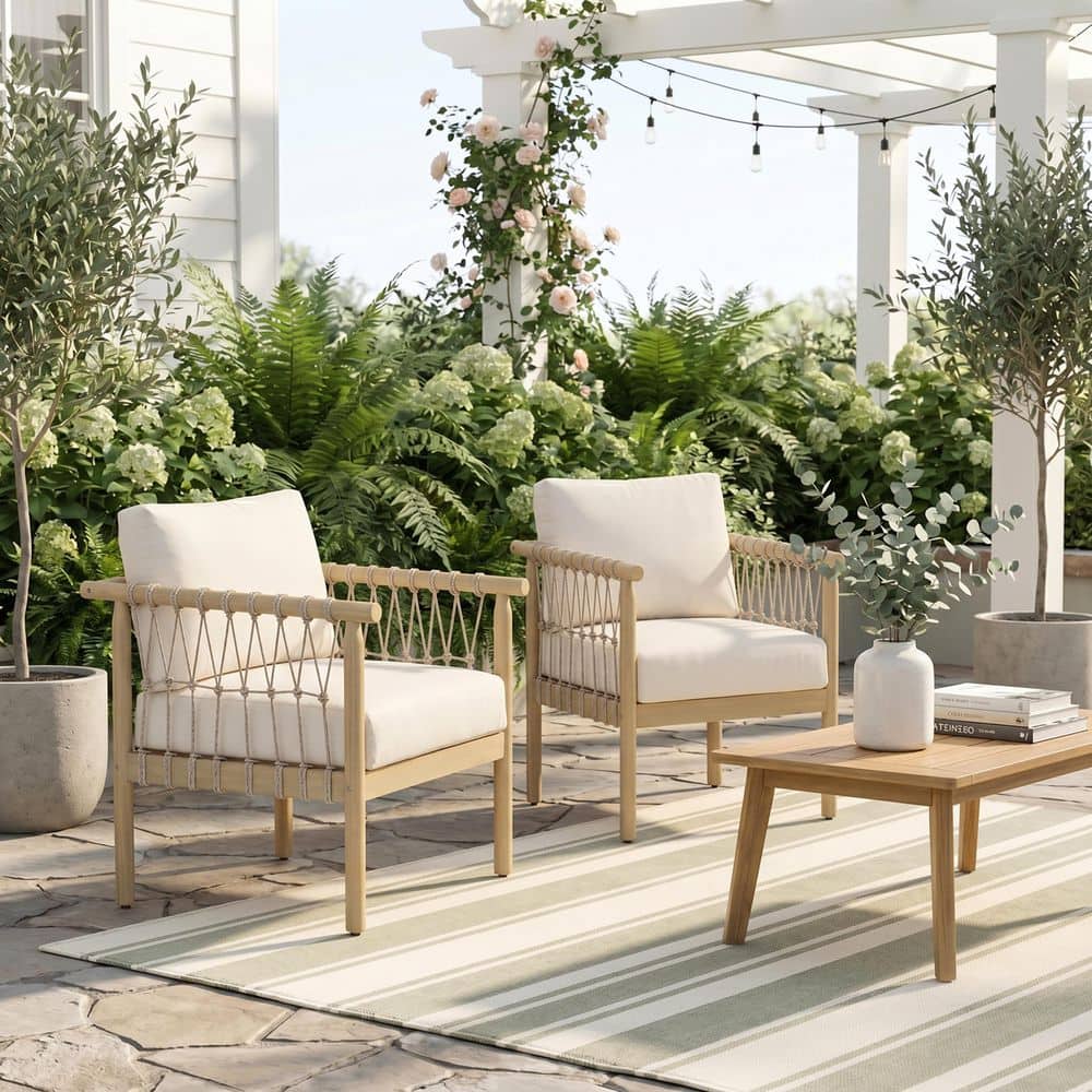 Rhoda Acacia Wood Light Teak Patio Outdoor Rope Chaise Lounge with Cream Cushions (Set of 2) price history on PriceWatchPro