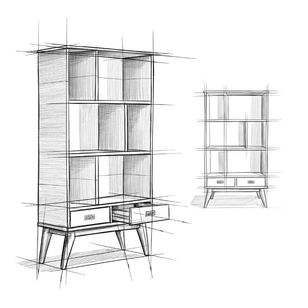 Teak Brown 64" Wood Bookcase with Cubes and Drawers