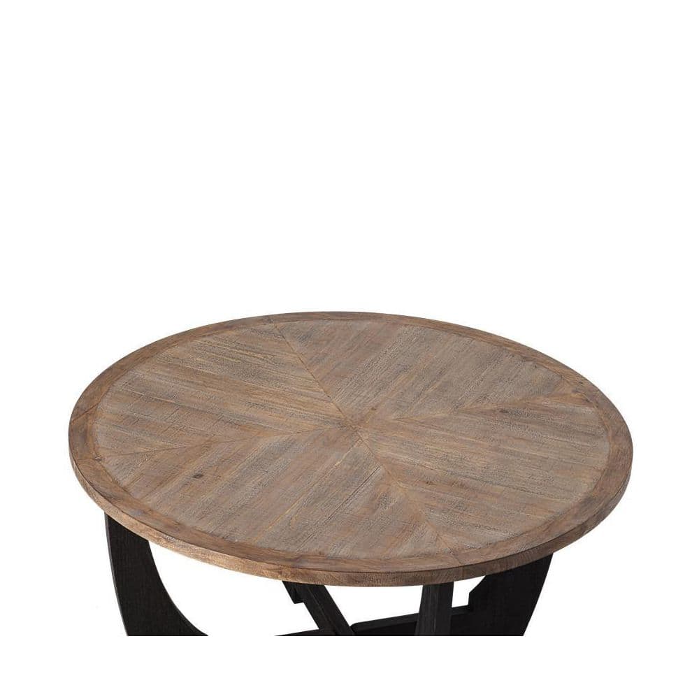 Rustic Brown and Black Round Wood Coffee Table with Crisscross Base