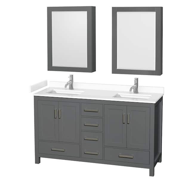Wyndham Collection Sheffield 60 in. W x 22 in. D x 35 in. H Double Bath Vanity in Dark Gray with White Cultured Marble Top and MC Mirrors