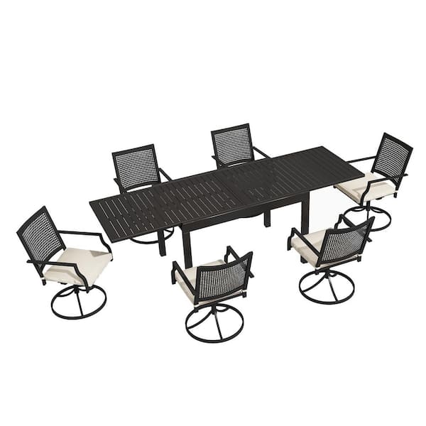 7-Piece Metal Outdoor Dining Set, Extendable Table & 6 Swivel Chairs with Beige Cushions, Rustproof Frames