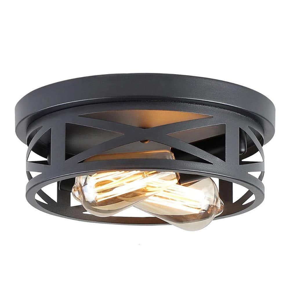 HKMGT 10.8 in. 2-Light Farmhouse Black Flush Mount Ceiling Light with ...