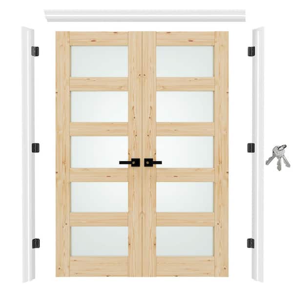 48 in. x 80 in. Pine 5 Lite Frosted Glass Interior French Door Kit with Jamb Lever and Latch Assemble Required Universal