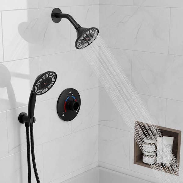 YAWWALK 2-Spray 5 in. Digital Display Dual Shower Head Wall Mount Handheld Shower Head in Matte Black (Valve Included)