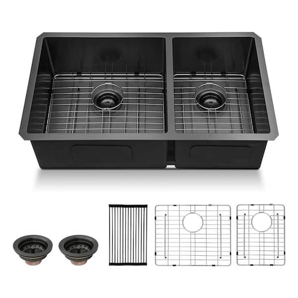 LORDEAR 33 in. Undermount Double Bowl Gunmetal Black 304 Stainless Steel Round Corner Kitchen Sink with Bottom Grid