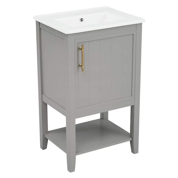 20 in. W x 15 in. D x 33 in. H Freestanding Bath Vanity in Gray with White Ceramic Top