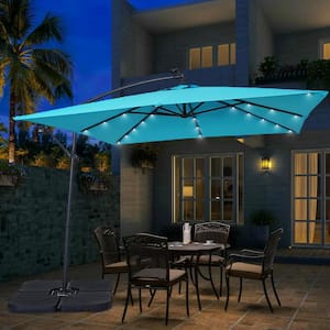 8.2 ft. Blue Steel Solar LED Square Banana Umbrella Cantilever Umbrella with Base
