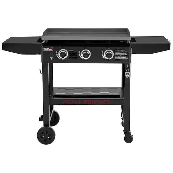 28 in. 3-Burner Propane Gas Griddle in Black with Collapsible Side Shelves
