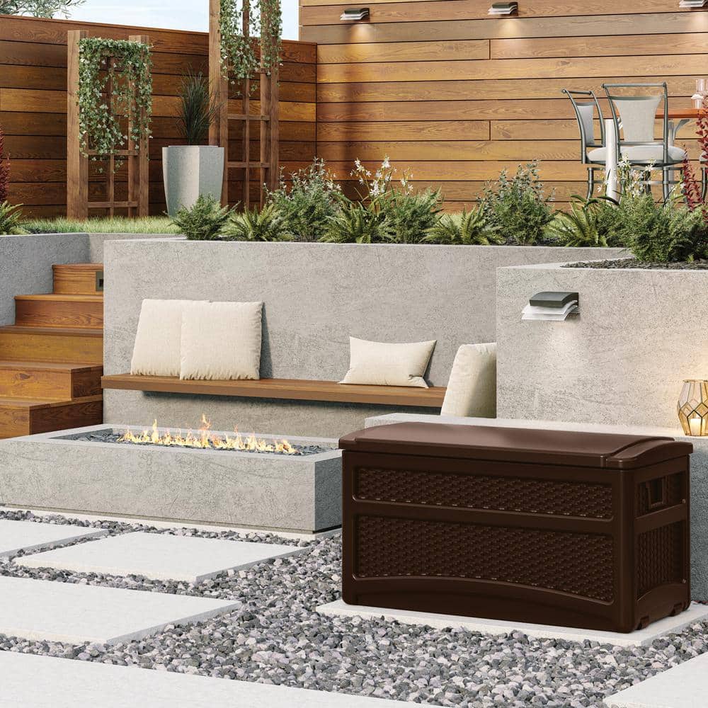 Brown Lockable Plastic Wicker Deck Box with Wheels