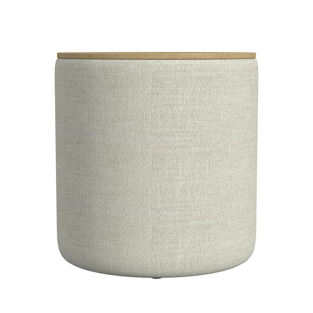 Light Gray Textured Woven Ottoman with Storage and Wood Top