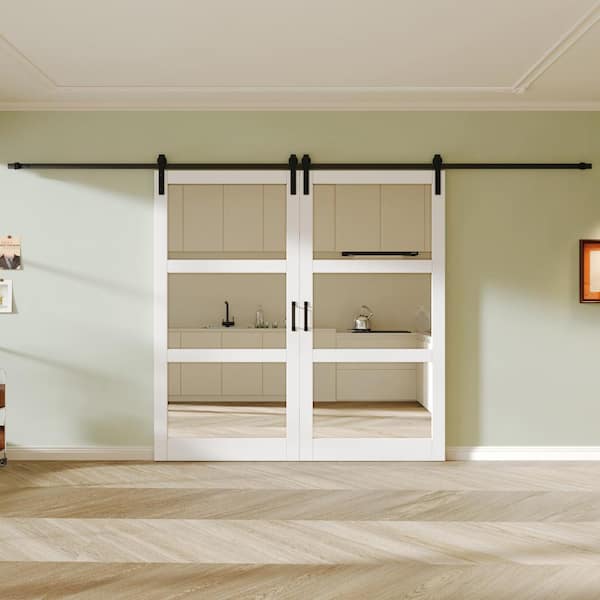 96 in. x 84 in. 3-Lite Mirrored Glass White Finished Composite MDF Barn Door Slab with Hardware Kit