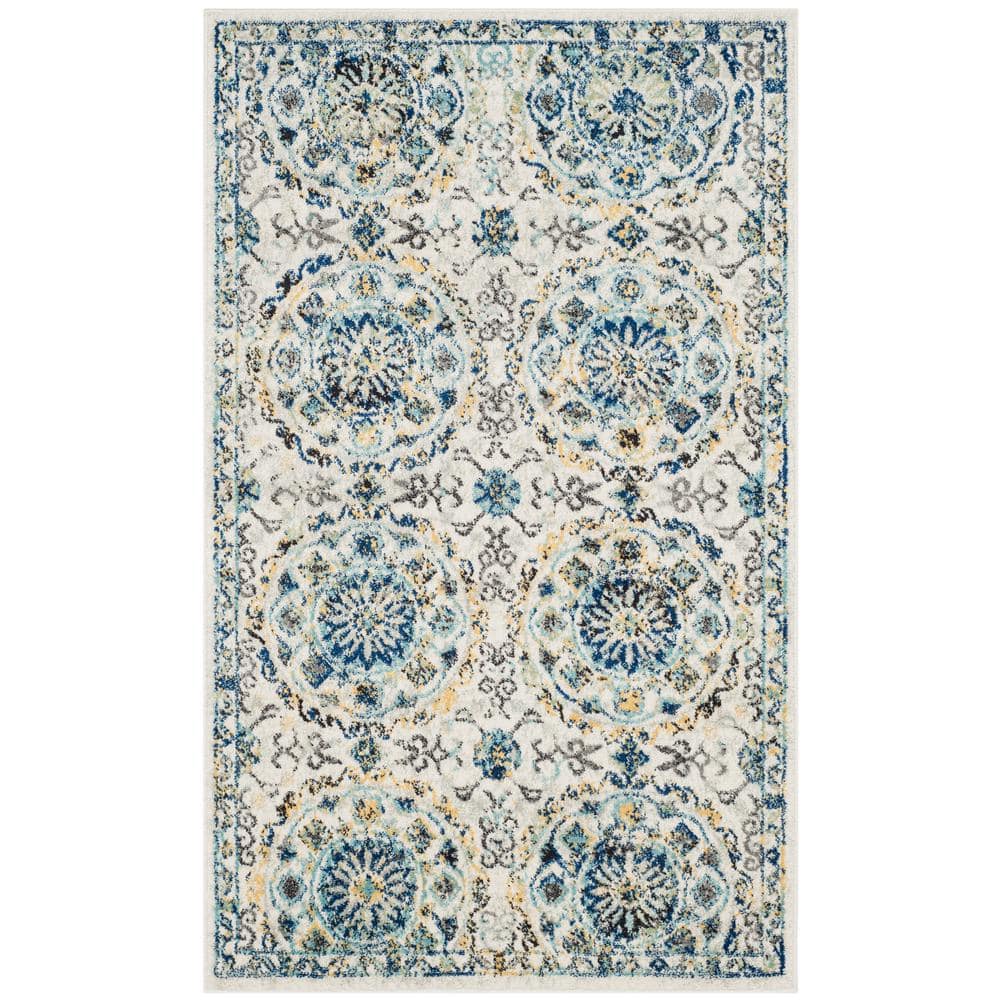 Ivory and Blue High Pile Synthetic Area Rug
