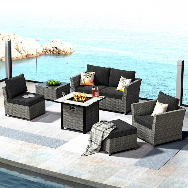 OVIOS Bexley Gray 7-Piece Wicker Fire Pit Patio Conversation Seating Set with Black Cushions