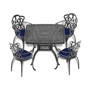 Lily Black 5-Piece Cast Aluminum Outdoor Dining Set with Square Table and Dining Chairs with Random Color Cushion