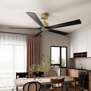 56 in. Indoor Outdoor Black Solid Wood 5-Blade Gold Housing Propeller Ceiling Fan with Remote Control, 1/4/8-Hour Timing