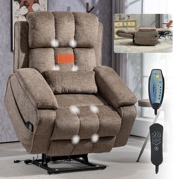 Brown Dual OKIN Motor Chenille Power Lift Recliner with Pull-Out Storage, Massage and Heating