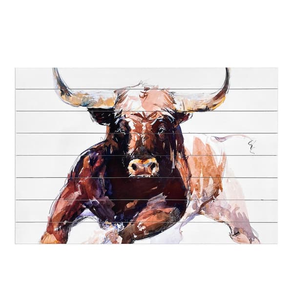 Unbranded "The Bull" By Gallery 57 Unframed Print On Planked Wood Animal Wall Art Print 24 in. x 36 in.