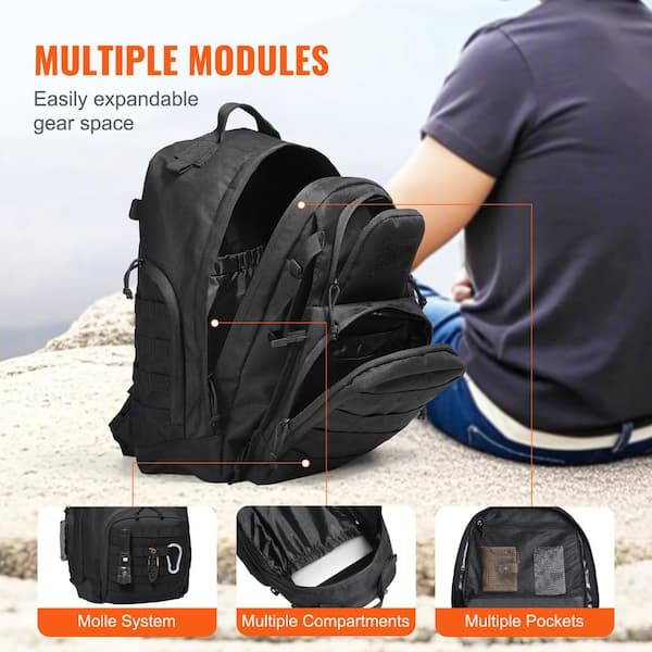 VEVOR Tactical Backpack, 19.29 in. Black Backpack 40 Lumens
