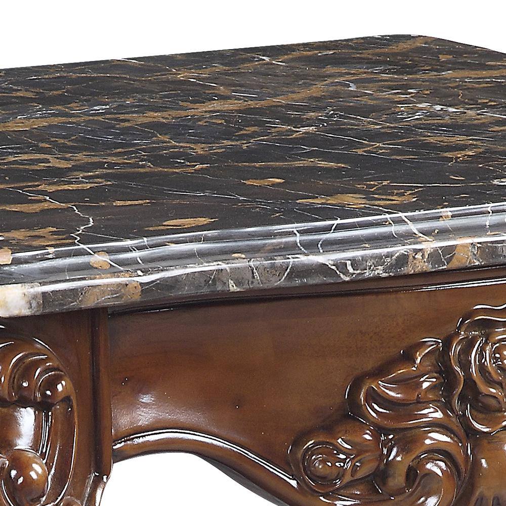 Walnut Brown Scalloped Marble Top End Table with Carved Floral Motifs