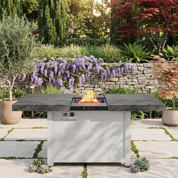 Gray Aluminium 50,000 BTU Propane Outdoor Fire Pit Table, Extendable Rectangle Fire Pit with Cover and Lava Rocks