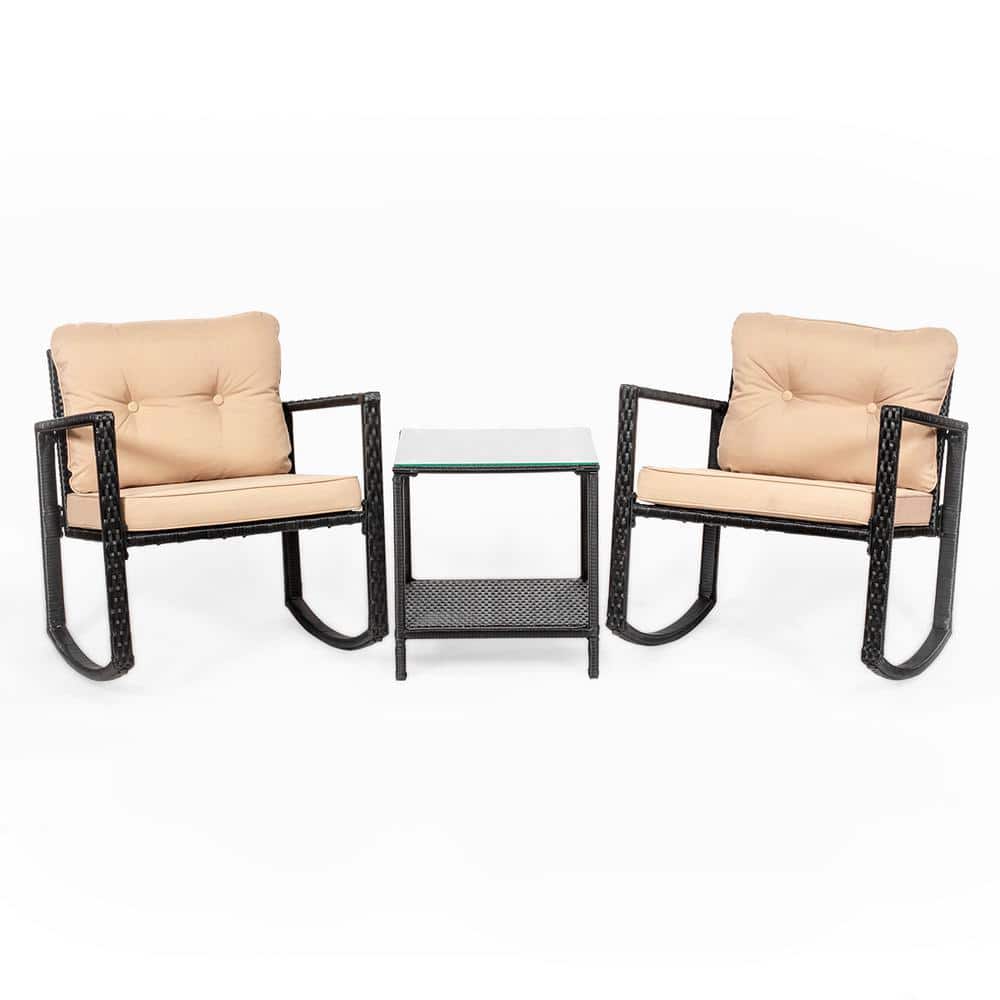 Black Steel and Beige Wicker Rocking Bistro Set with Glass Table