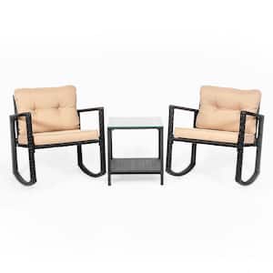 3-Piece Wicker Outdoor Bistro Rocking Set with Cream Cushions
