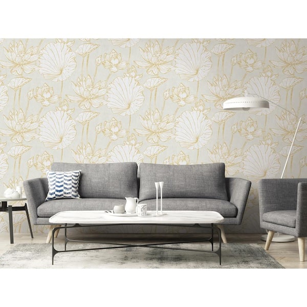 Seabrook Designs Lotus Floral Metallic Gold & Off-White Wallpaper