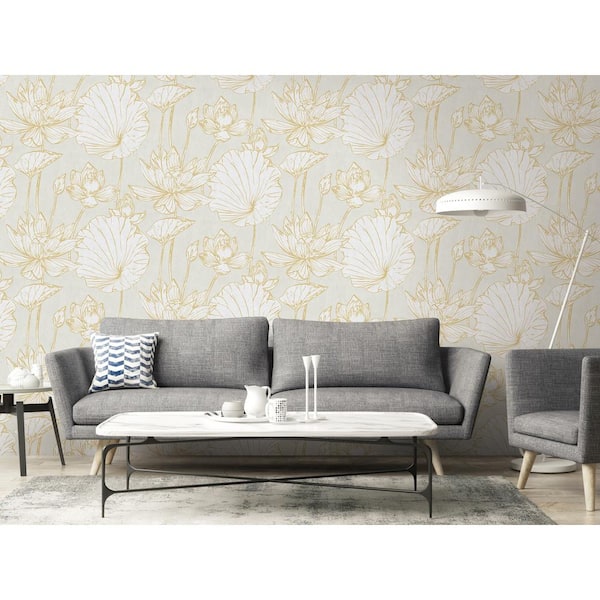 Lotus Metallic Gold And Off-White Floral Paper Strippable Wallpaper Roll (Covers 60.75 Sq. Ft.)