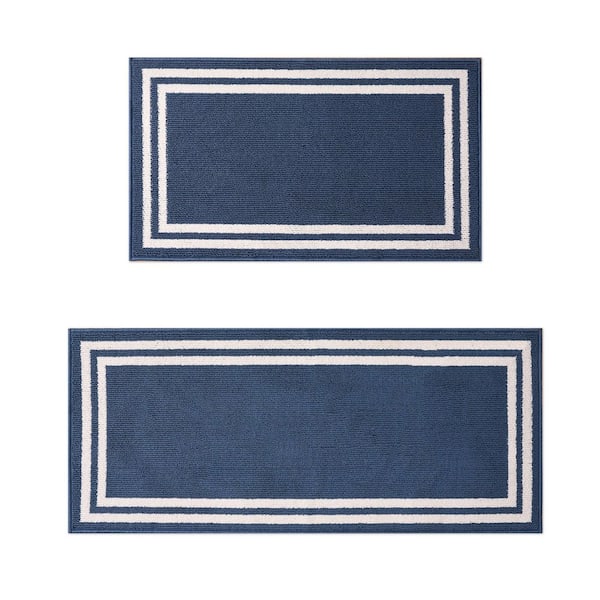 Debbie Double Border 2-Tone Dusty Navy/Ivory 2 ft. x 5 ft. Border Polypropylene 2-Piece Rug Set