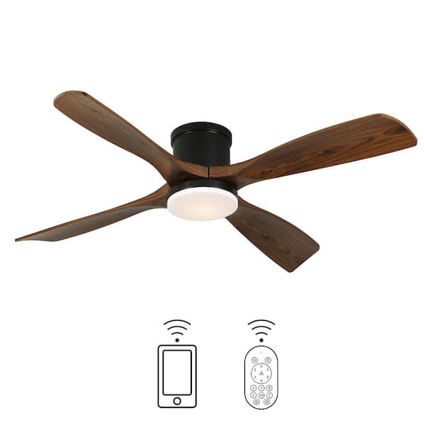 54 in. Modern Indoor Black and Wood Low Profile Flush Mount Ceiling Fan Light with Bright White Integrated LED 4-Blades