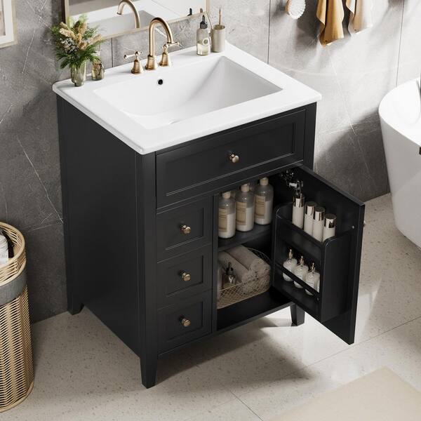 Ziyudura 24 in. Single Sink Freestanding Black Bath Vanity with