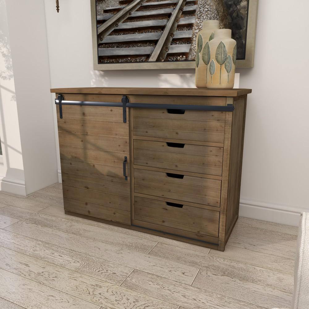 Brown Fir Wood Rustic Cabinet with Drawers and Sliding Door