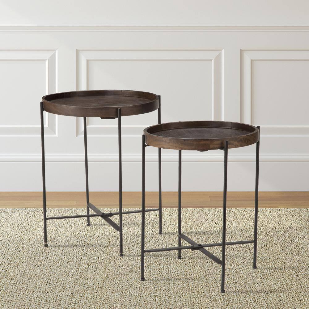 Set of 2 Round Black and Brown Mango Wood Accent Tables