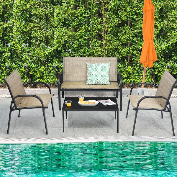 HONEY JOY 4 Piece Metal Patio Conversation Set with Black Coffee Table ...