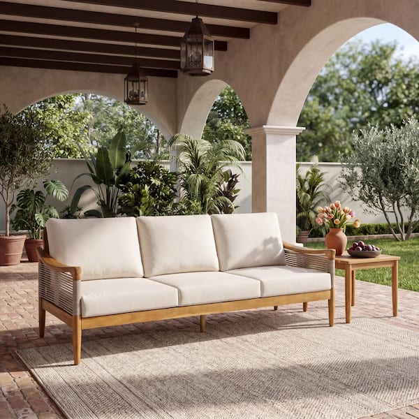 Clover Teak Finish Acacia Wood and Rope Weave Patio Outdoor Sofa Couch with Beige Cushions