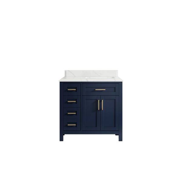 Willow Collections Cambridge 36 in. W x 22 in. D x 36 in. H Right Offset Sink Bath Vanity in Navy Blue with Cove Edge Calacatta Quartz Top
