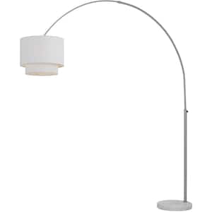74 in. Arched Floor Lamp in Brushed Nickel with Adjustable Height/Width, White Marble Base, and 2-Tiered Fabric Shade