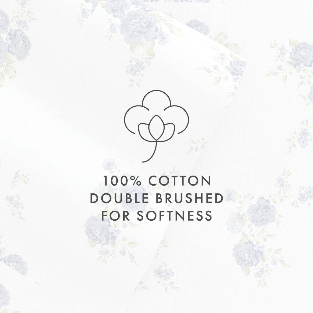 Light Blue Floral Cotton Flannel Twin Sheet Set with Deep Pockets