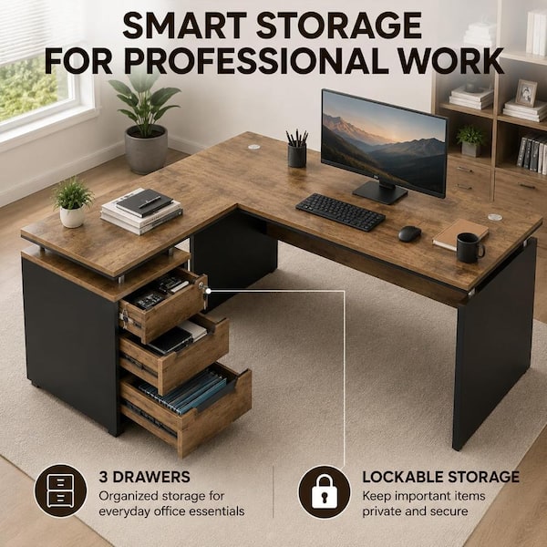 Project Management Service Model Design WESOME 63 Inch L-Shaped Executive Desk with Locking Drawers, Built-in ...