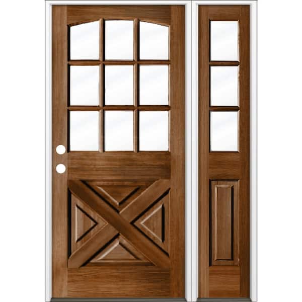 Krosswood Doors 50 in. x 80 in. Farmhouse X Panel RH 1/2 Lite Clear Glass Provincial Stain Hemlock Wood Prehung Front Door with RSL
