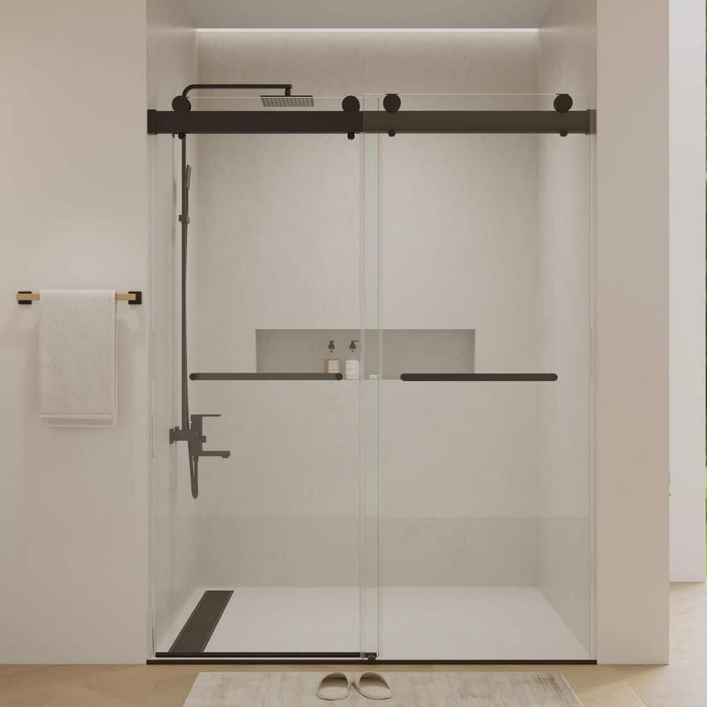 60 in. W x 76 in. H Double Sliding Frameless Shower Door with 3/8 in. Clear Glass and Buffer Function in Matte Black price history on PriceWatchPro
