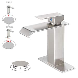 Waterfall Single Hole Single-Handle Low-Arc Bathroom Faucet With Pop-up Drain Assembly in Brushed Nickel