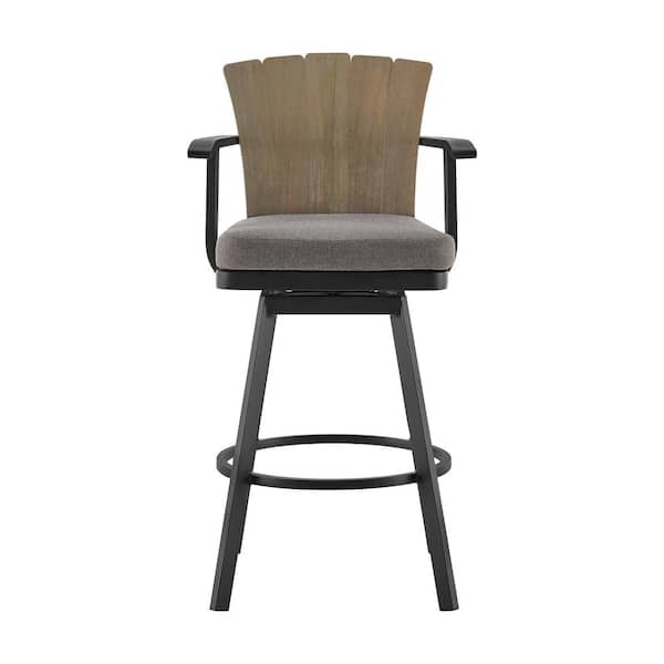Armen Living Hazel Counter Height Swivel Teak Outdoor Bar Stool with Charcoal Cushion