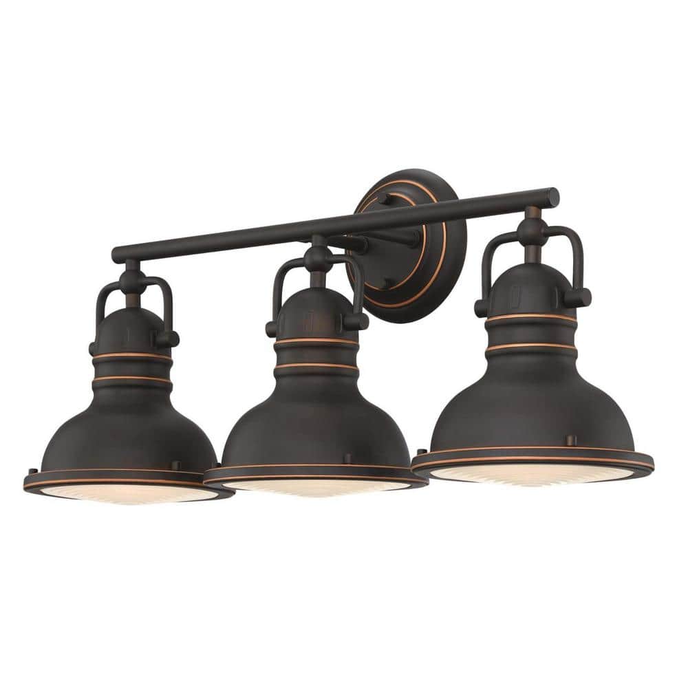 Boswell Vintage-Style Bronze 3-Light Vanity Fixture with Frosted Prismatic Lenses