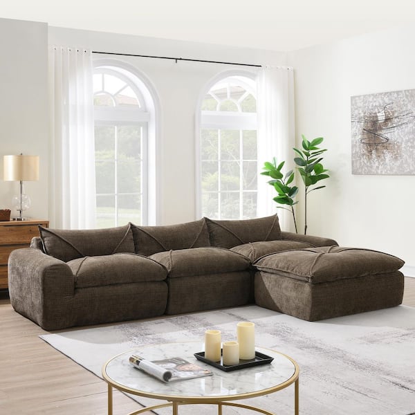 aisword 116 in. No Assembly Required Chenille Sectional Sofa in Brown with Ultra High-Density Foam, Legless Design Without Frame