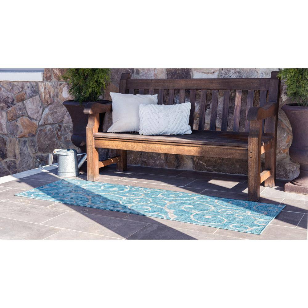 Light Aqua and Ivory Flat Woven Outdoor Runner Rug