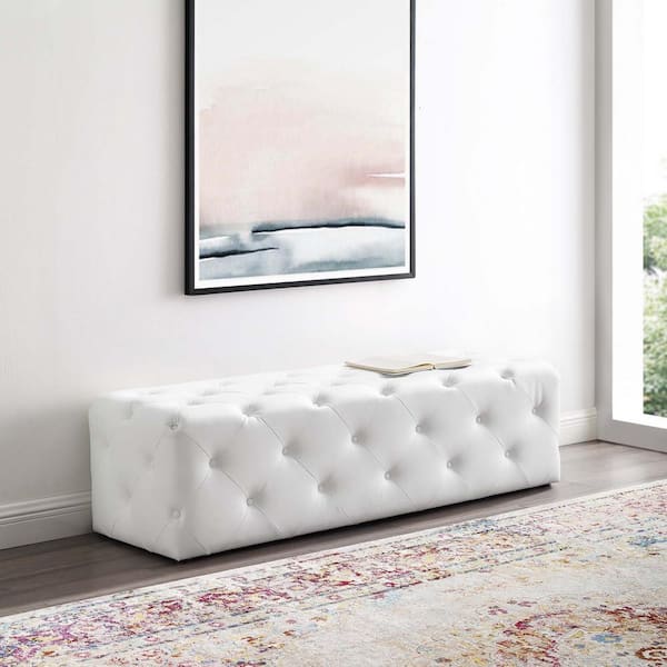 MODWAY Anthem 60 in. White Tufted Button Entryway Faux Leather Bench