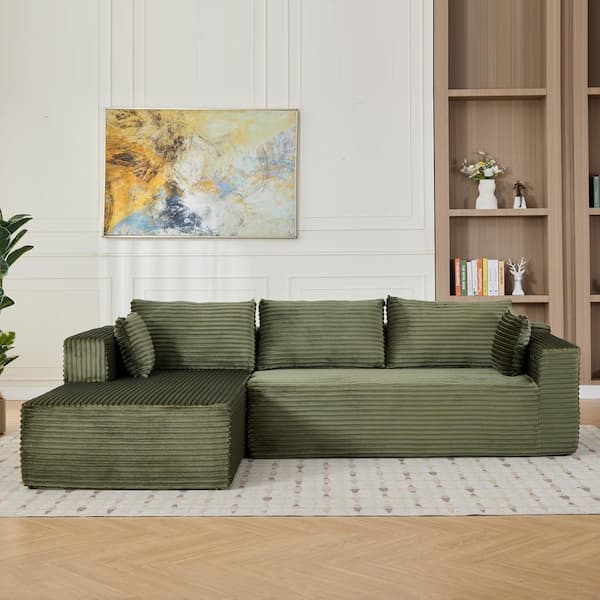 110 in. Corduroy Fully Compressed Sectional Sofa in Green