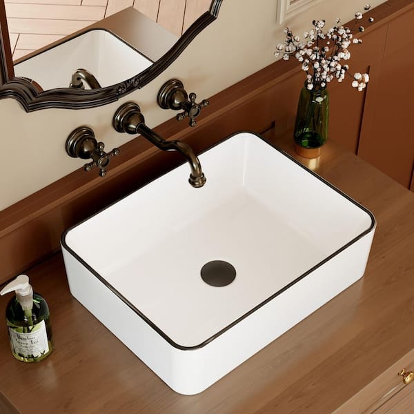 Modern White 18 in. L x 14 in. W Rectangle Vessel Black Trim Design Bathroom Sink Above Counter